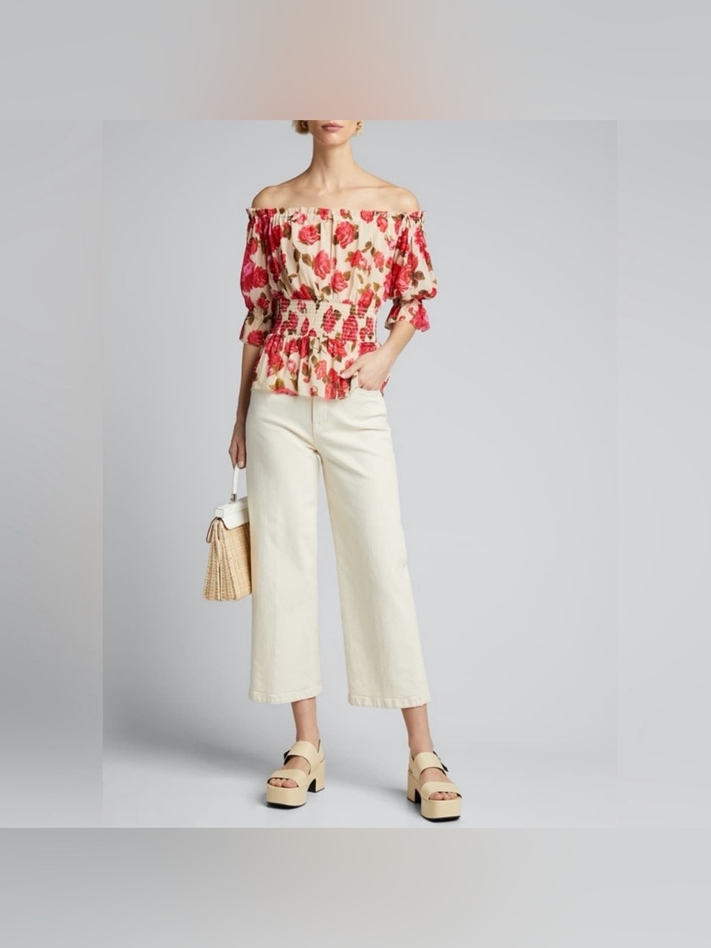 L'AGENCE Off-Shoulder Floral Blouse in Cream and Red
